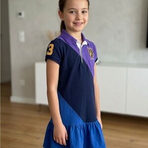 Polo Ralph Lauren Girls M 8-10 Colorblock Rugby Polo Dress Navy Purple Blue